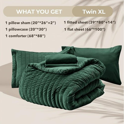HYMOKEGE Twin XL Comforter Set - Emerald Green Seersucker 5-Piece Luxury Bedding Set