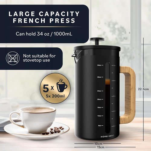 Home Hero French Press Coffee Maker - 34 oz Heat Resistant Borosilicate Glass with Bamboo Handle | 4 Layer Filter, Black