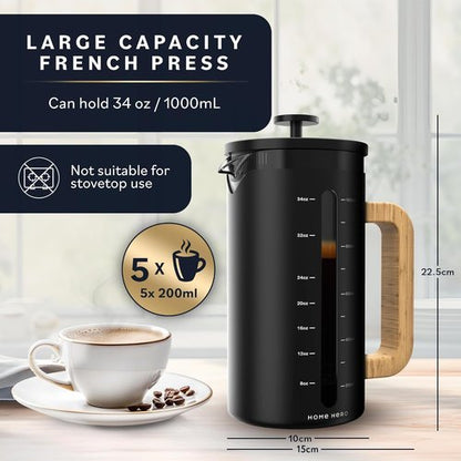 Home Hero French Press Coffee Maker - 34 oz Heat Resistant Borosilicate Glass with Bamboo Handle | 4 Layer Filter, Black