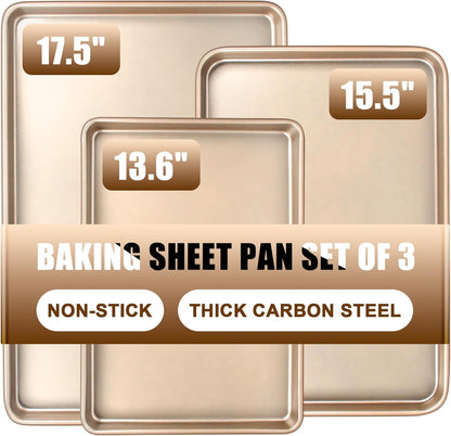 Skiennix Baking Sheet Pan Set - Nonstick Commercial Cookie Sheets | Heavy Duty & Easy Clean, Champagne Gold