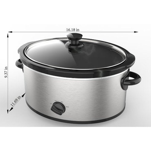 6 Quart Oval Slow Cooker, Stainless Steel Finish, Glass Lid, Adjustable Temp, Perfect for Families and Gatherings Entertaining, Silver