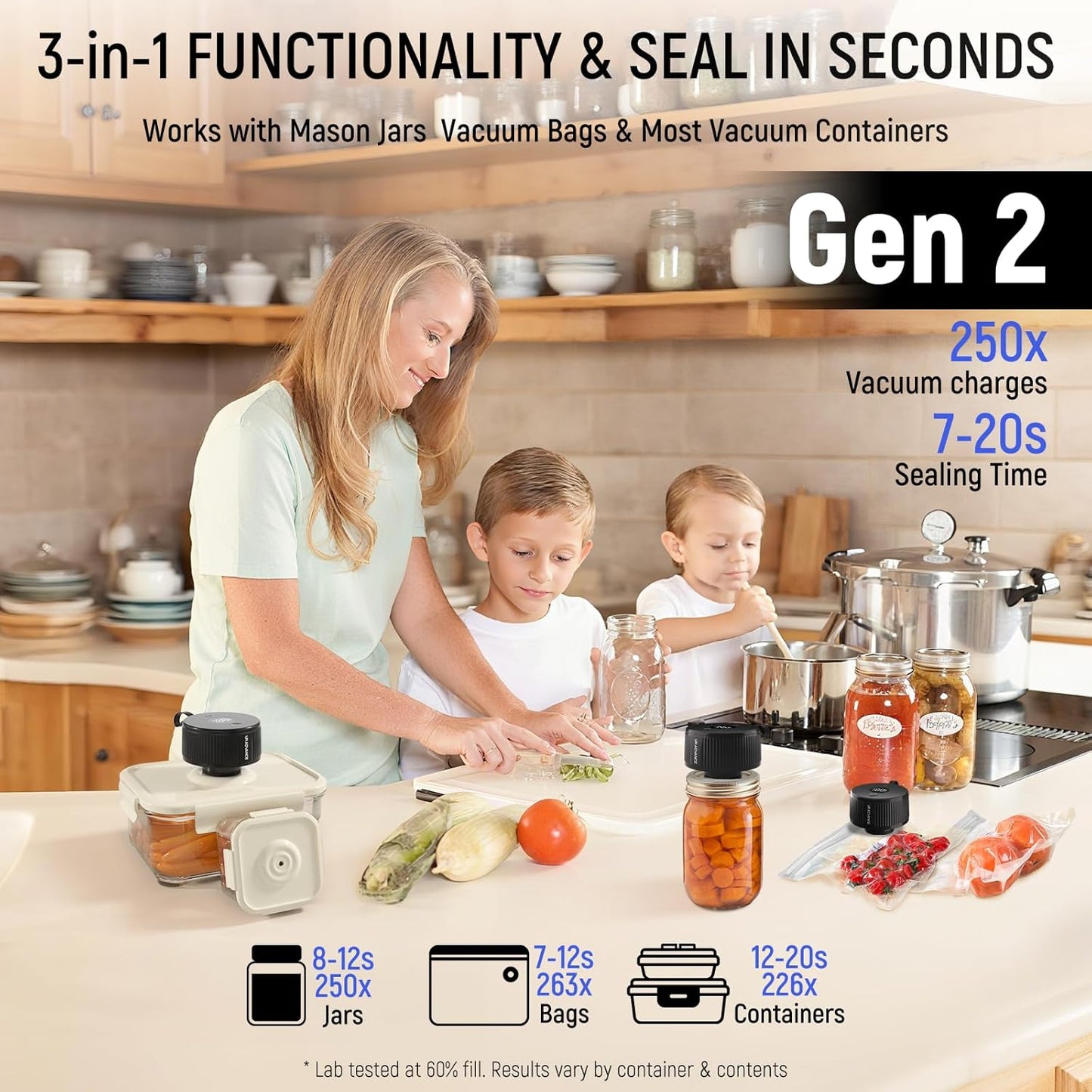 Skiennix 3-in-1 Electric Mason Jar Vacuum Sealer Kit - Auto-Stop, One-Handed Operation, 4-Hour Battery Life for Food Storage
