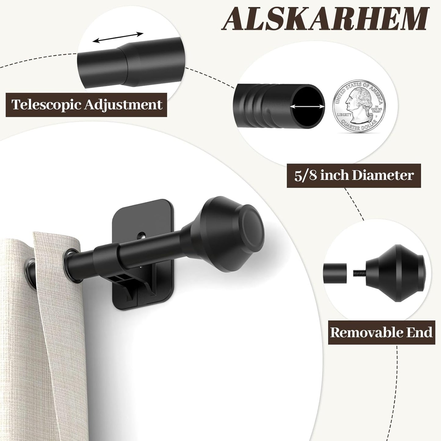 Skiennix Adjustable Curtain Rod - No Drilling, 36-48 Inch, Black Telescoping Design for Easy Installation
