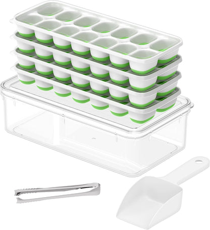 Skiennix Ice Cube Tray Set - 4 Pack Silicone Trays with Lid & Bin for Easy Freezing | Green