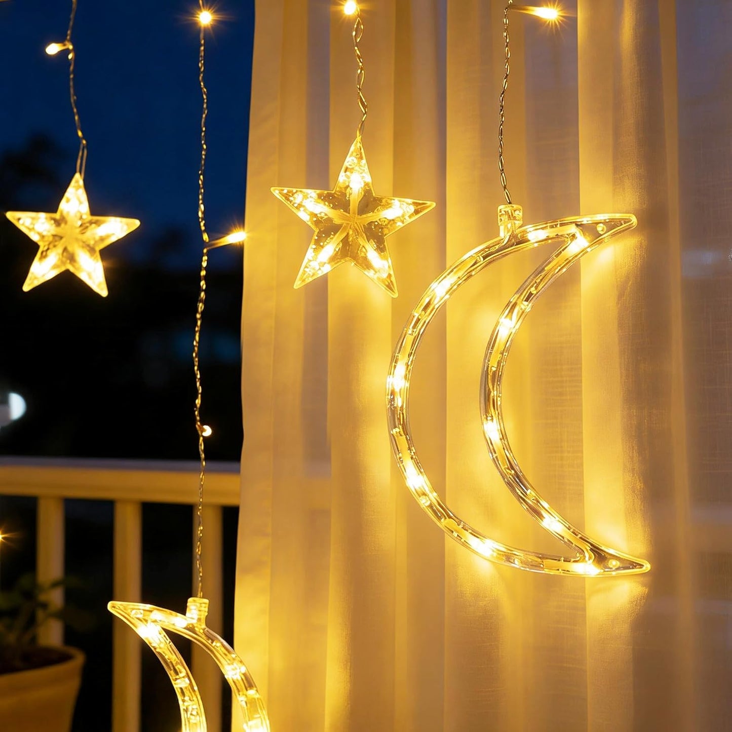 TW SHINE Star & Moon Curtain String Lights - 138 LED, 8 Modes, Waterproof, 8.2 FT for Ramadan Decor