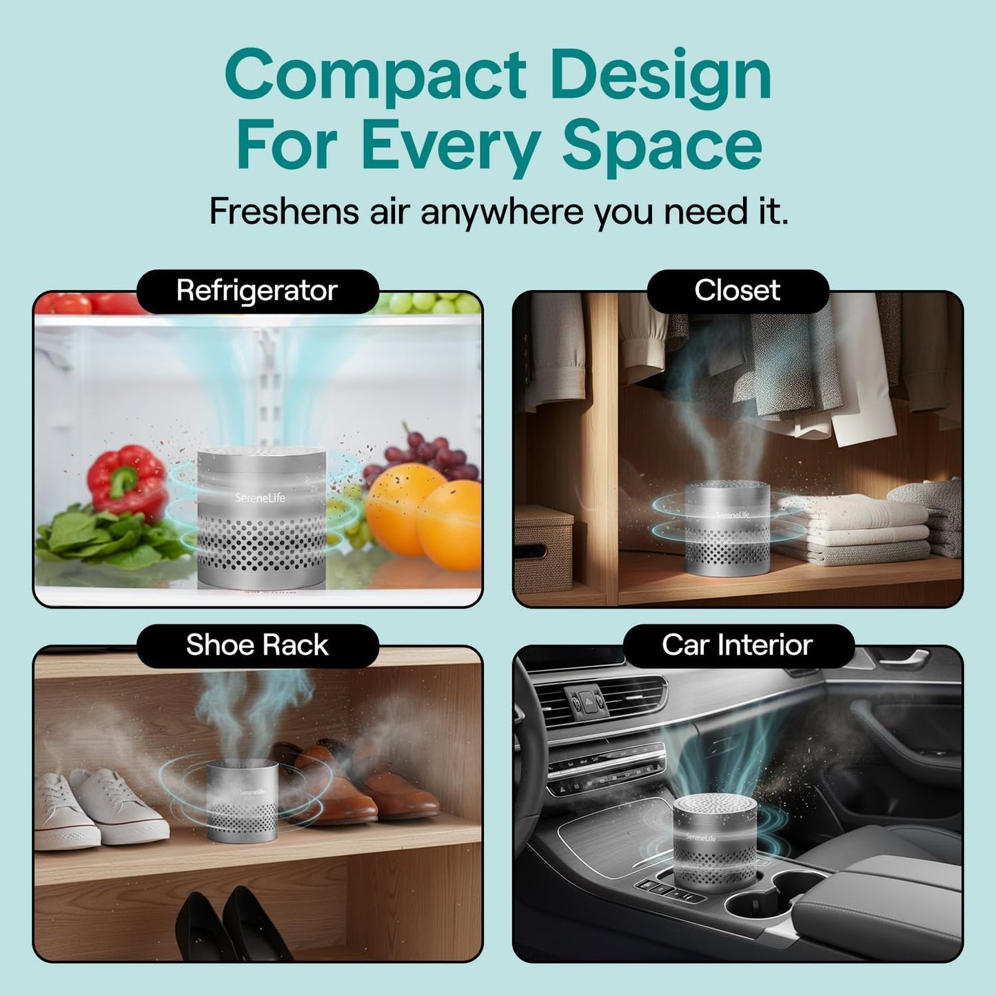 SereneLife Refrigerator Deodorizer - Multi-Use Odor Eliminator Pod for Freezer, Closet & Car | Compact & Reusable (Gray)