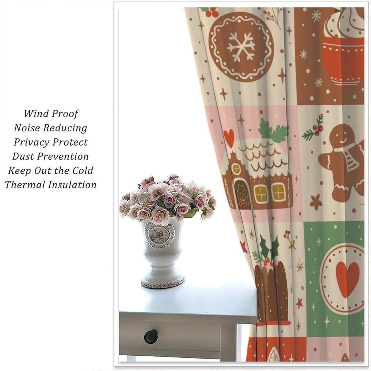 Skiennix Christmas Patchwork Curtains - Hand-Drawn Gingerbread Houses Design | Winter Holiday Drapes (W20xL45 Inch) - Set of 2