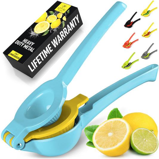 Zulay Metal 2-In-1 Lemon Squeezer Manual - Sturdy, Max Extraction Hand Juicer Lemon Squeezer Gets Every Last Drop - Easy to Clean Manual Citrus Juicer - Easy-to-Use Lemon Juicer Squeezer - Blue/Yellow