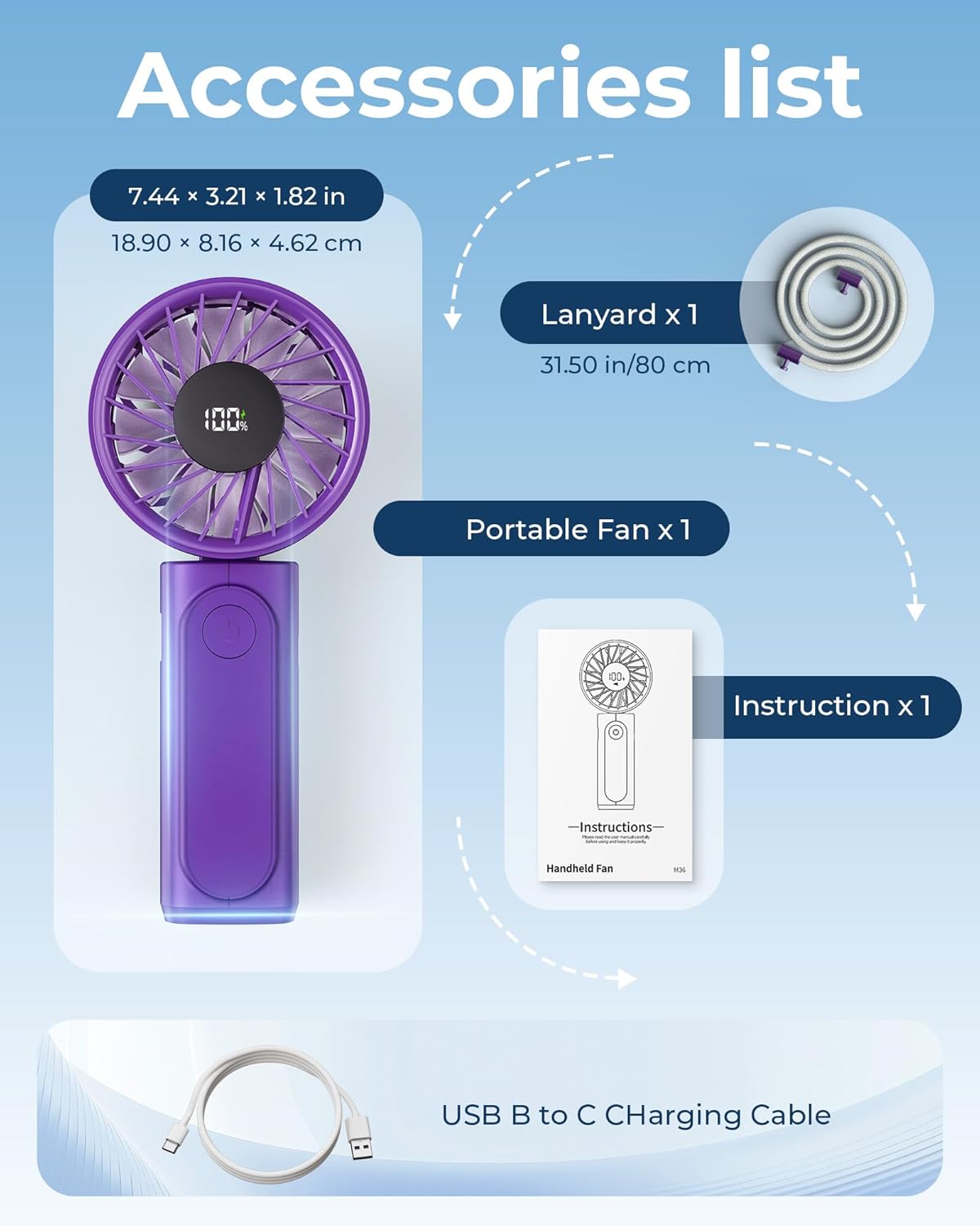 Peiyuu Portable Handheld Fan - 4000mAh USB Rechargeable Mini Desk Fan | 180° Foldable, 6 Wind Speeds, Ultra Quiet
