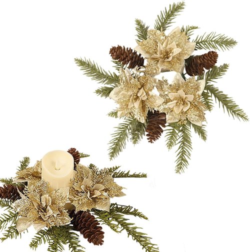 Christmas Candle Ring - Artificial Golden Flower & Pine Wreath for Holiday Table Centerpiece