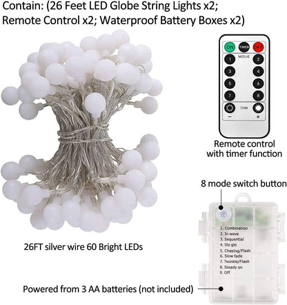 Skiennix Battery Operated LED Globe String Lights | 52FT Total, 120 LEDs, Waterproof, 8 Modes for Home & Garden Decor