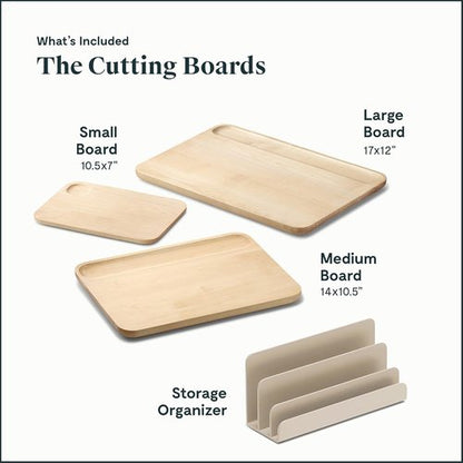 Caraway Kitchen Prep & Cutting Board Set - Non-Toxic Wooden Utensils & Knives - 3 Cream Boards with Organizers