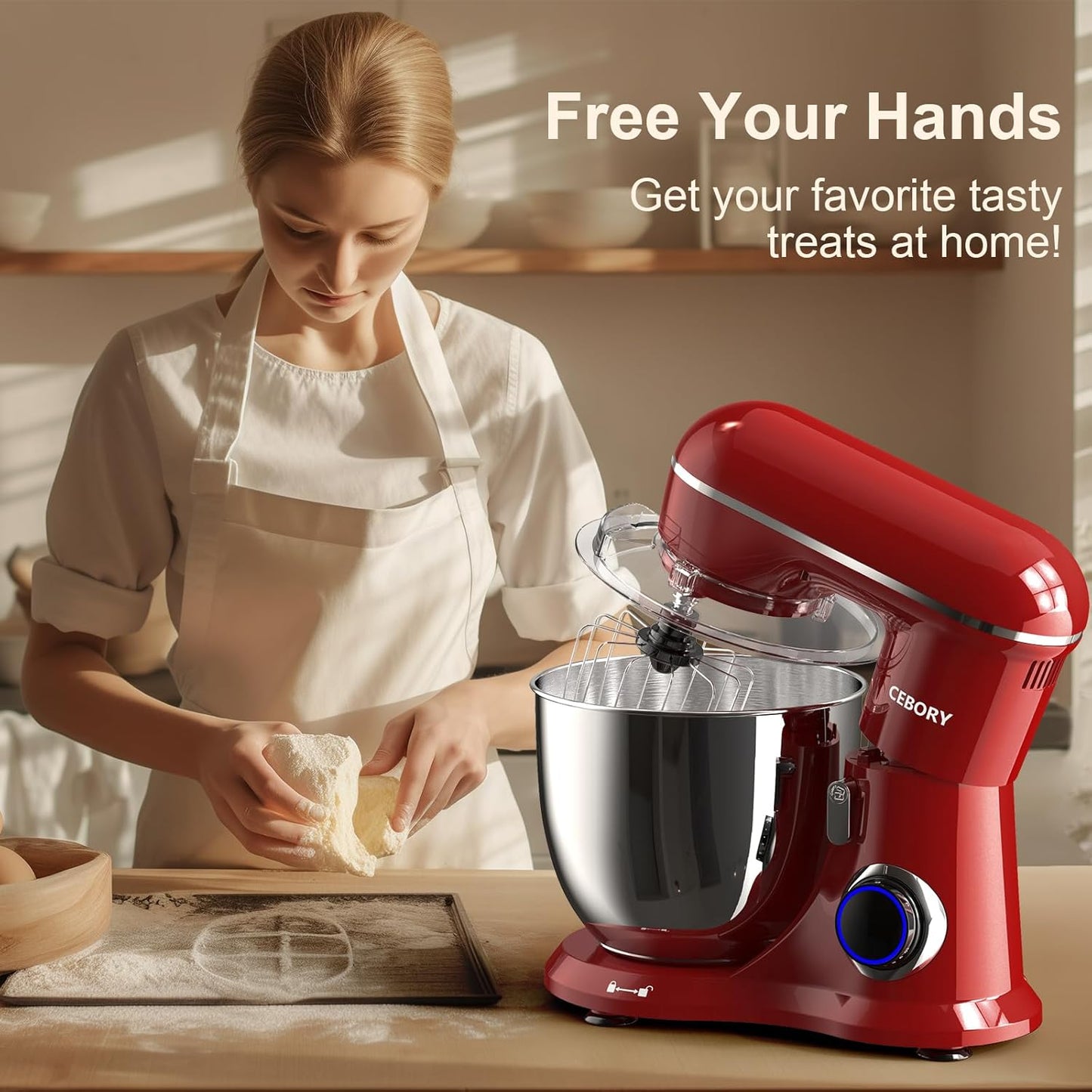 Skiennix 3-IN-1 Electric Stand Mixer - 6.5QT Bowl, 660W, 10-Speed, Includes Dough Hook, Beater & Whisk - Red
