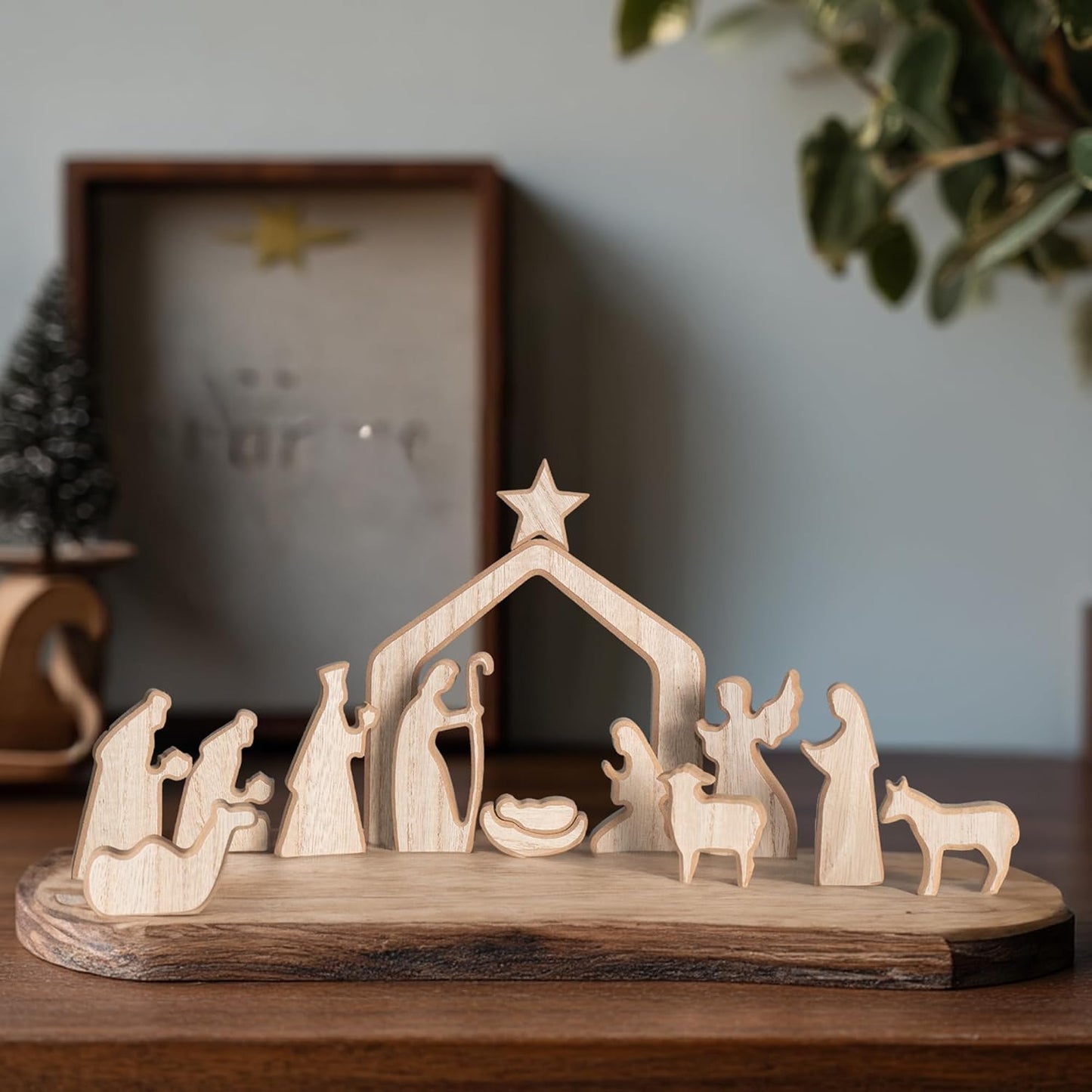 NEROSUN Nativity Scene Set - 13-Piece Wooden Miniature Holy Family Figurines | Minimalist Boho Christmas Decor
