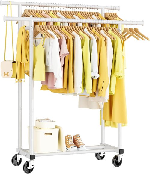 HYSEYY Rolling Clothes Rack - Sturdy Double Rod Portable Wardrobe for Bedroom & Laundry | White