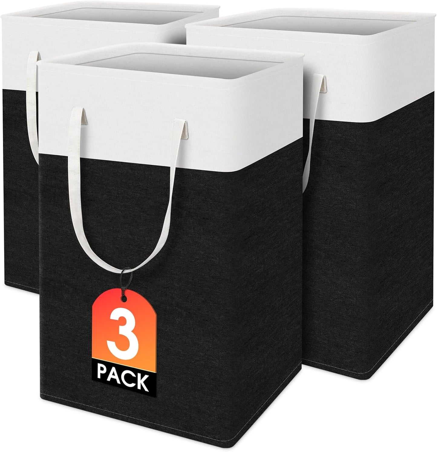 TasticTotes Laundry Basket 3-Pack - Collapsible Waterproof Hamper with Handles | 75L Black for Home or Dorm