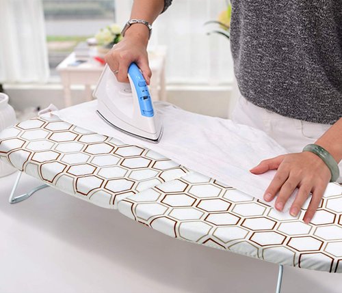 SheeChung Small Tabletop Ironing Board 30" Lx12”W Heavy Duty Ironing Board with Mesh Metal Base 100% Cotton Cover,Hook for Hanging,Portable Folding Mini Iron Board for Sewing Craft Room Dorm,Brown