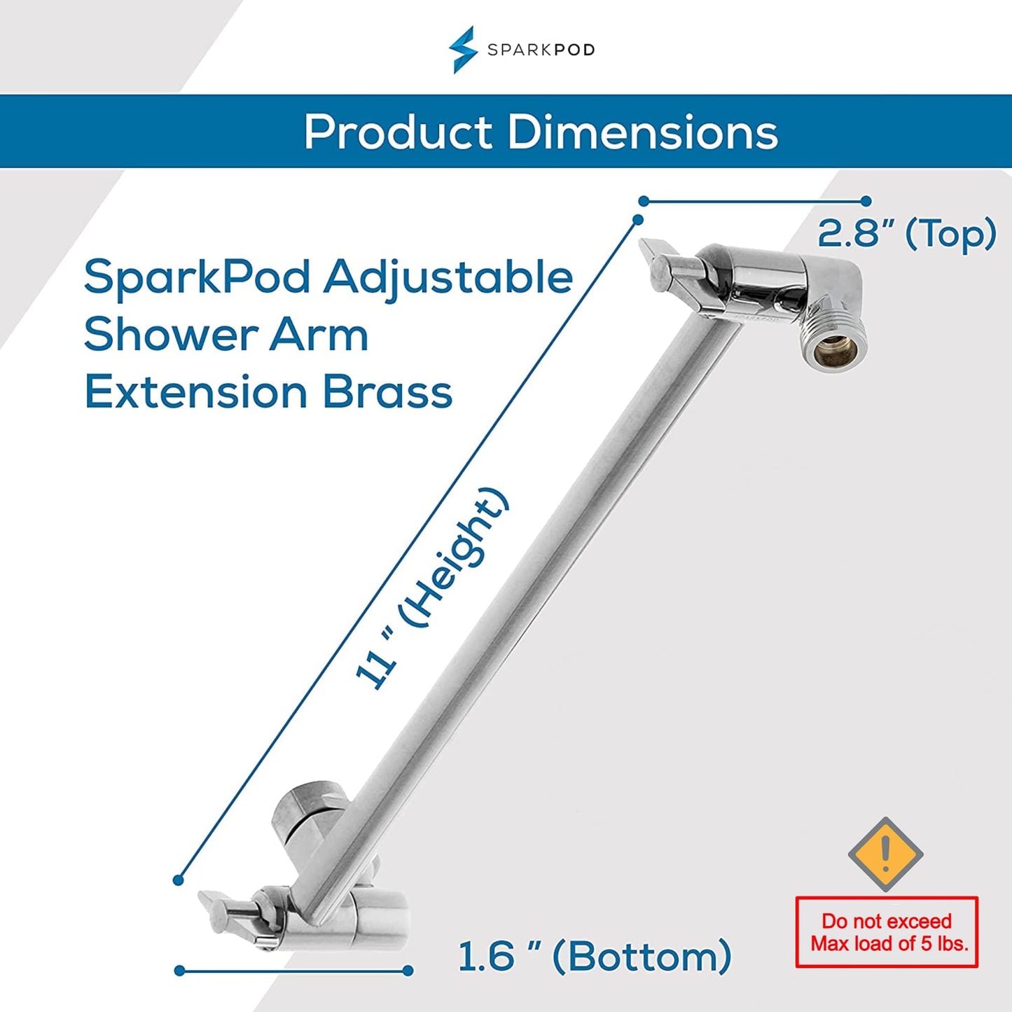 SparkPod 11" Solid Brass Shower Head Extension Arm - Flexible Height & Angle Adjustable Shower Arm Extension for Rain Showerheads with Sturdy Lock - Universal Pipe Connection (Luxury Polished Chrome)