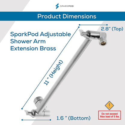 SparkPod 11" Solid Brass Shower Head Extension Arm - Flexible Height & Angle Adjustable Shower Arm Extension for Rain Showerheads with Sturdy Lock - Universal Pipe Connection (Luxury Polished Chrome)