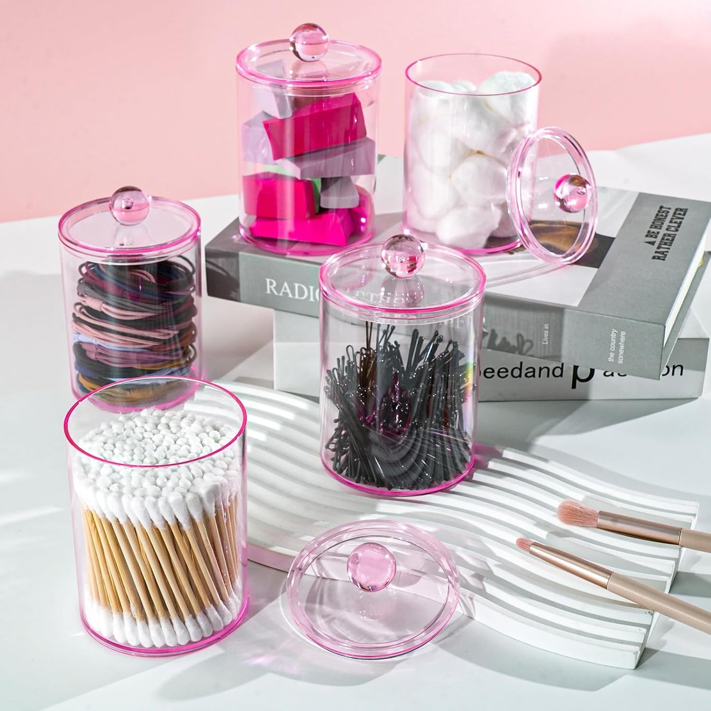 XIPENGKEJI Qtip Holder Set - 6 Pack Apothecary Jars with Lids for Cotton Swabs & Pads | Pink 10oz-12oz