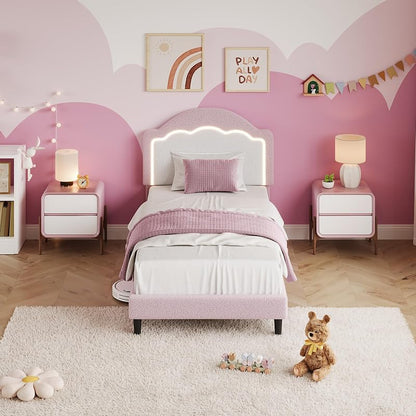 GarveeTech Twin Bed Frame with Velvet Upholstered Headboard — Pink, Without Drawer