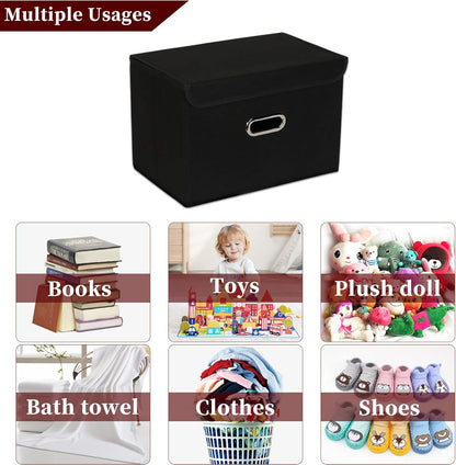 STOREONE Fabric Storage Cube Bins - Foldable Organizer with Lids & Metal Handles | Black, Set of 3
