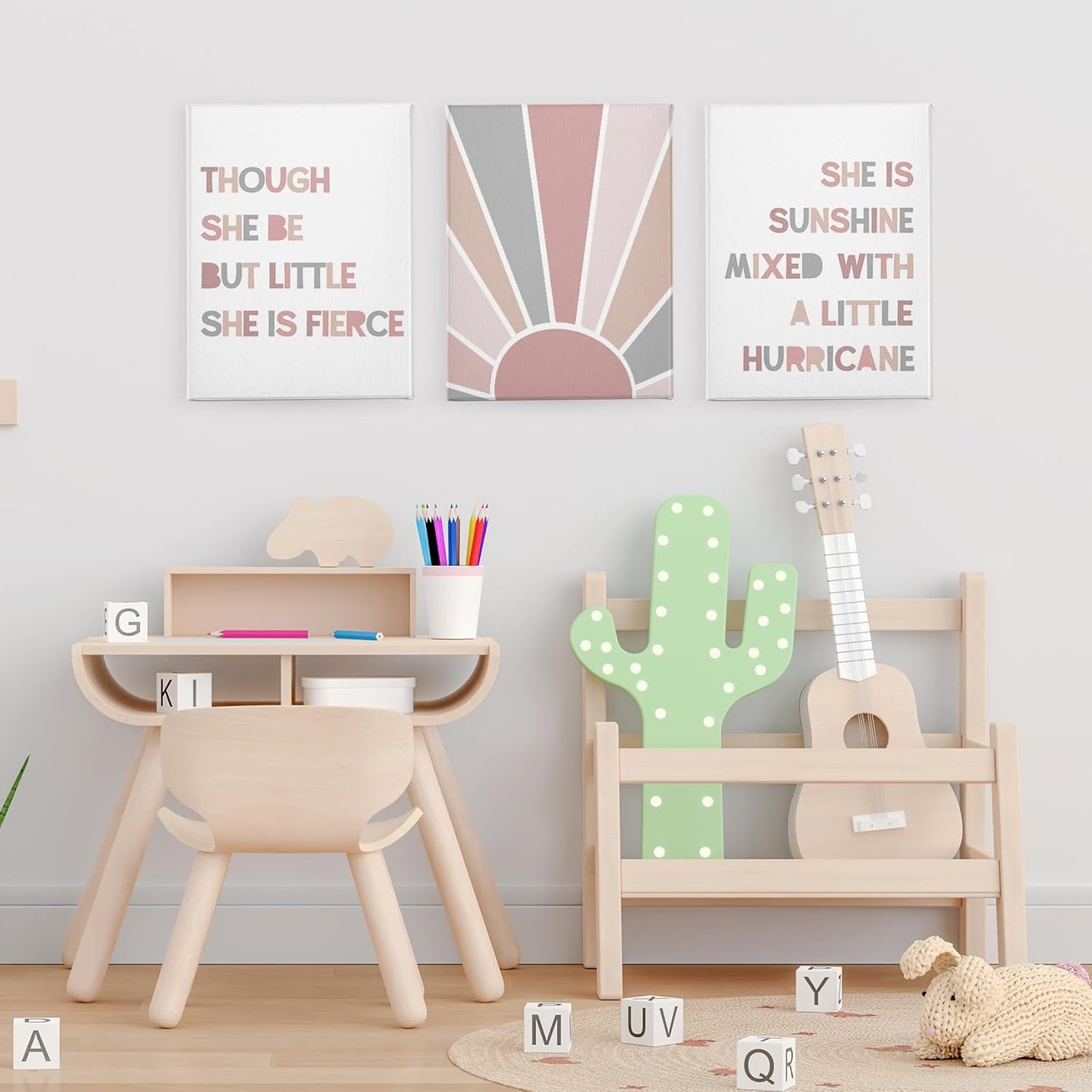 PHAMTE Boho Girls Bedroom Wall Art Set - She Is Sunshine Framed Canvas Prints (11x14 Inch)