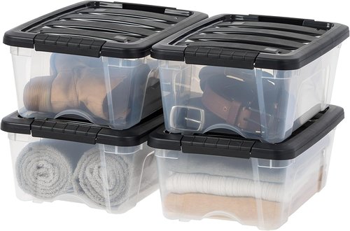 IRIS USA 13 Qt Stackable Storage Bins with Lids - BPA-Free, Durable & Nestable | Clear/Black, 4 Pack