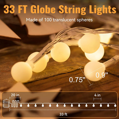 WERTIOO Globe String Lights - 33ft 100 LED Battery Operated Lights with Remote & Timer | Warm White for Indoor & Outdoor Use