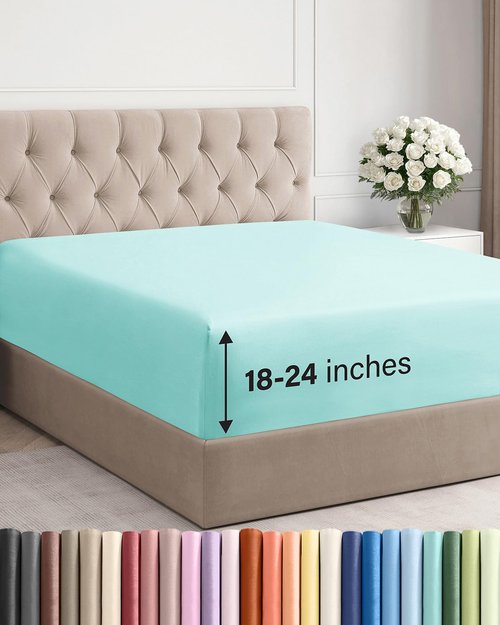 Extra Deep King Fitted Sheet - Hotel Luxury Single Fitted Sheet Only - Easily Fits 18 inch to 24 inch Mattress - Ultra Soft, Wrinkle & Fade Free w/Extra Deep Pockets - Breathable & Comfy - Spa Blue