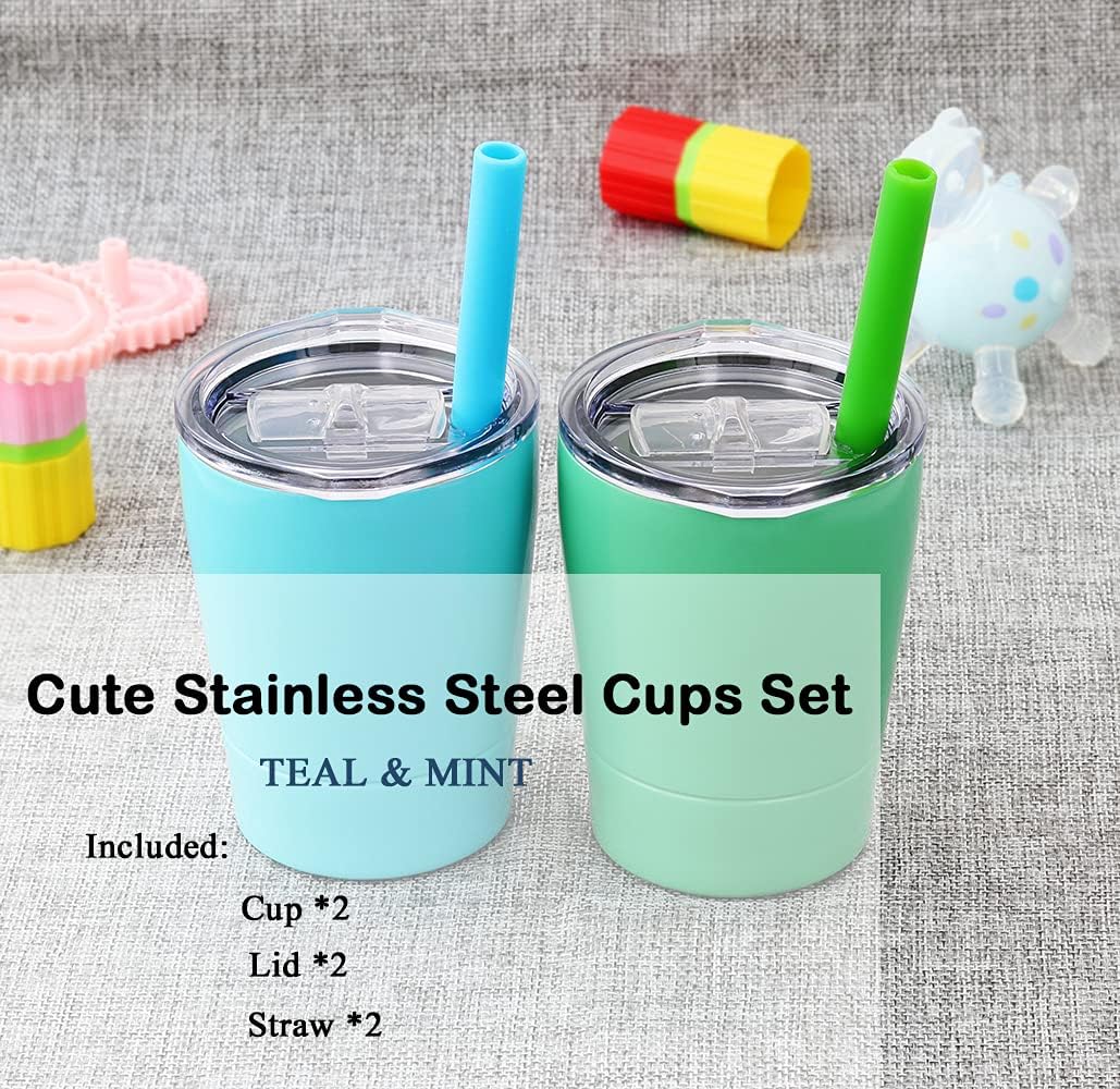 Skiennix Cute Stainless Steel Kids Cups - Mini Insulated Tumblers with Lids, Set of 2 (Teal Mint, 8.5 OZ)