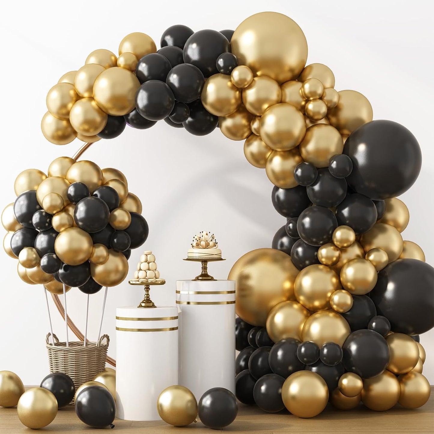RUBFAC Black and Gold Balloons - 129-Piece Latex Garland Kit for Weddings, Graduations & Birthdays