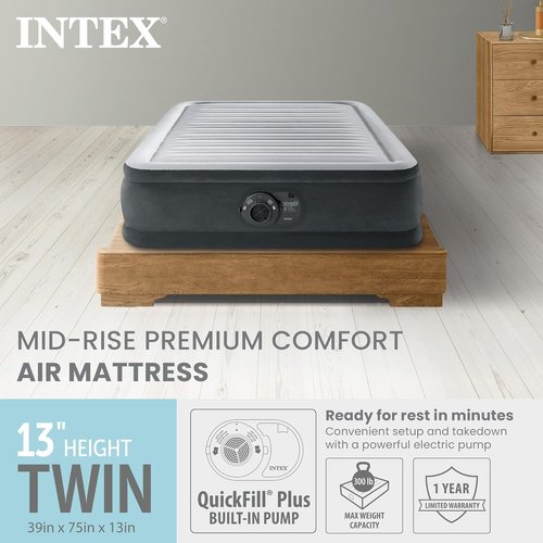 Intex Dura-Beam Deluxe Comfort-Plush Air Mattress - Twin Size with Built-in Electric Pump | 13" Height, 300lb Capacity
