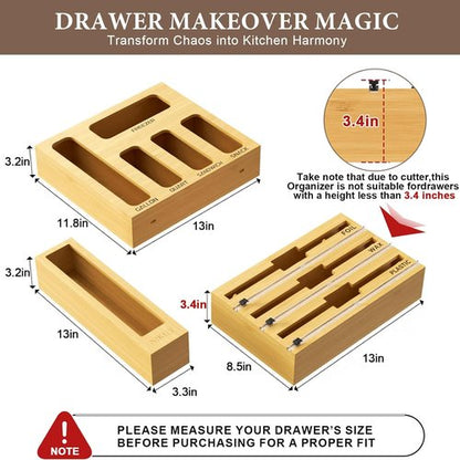 Bamboo 9-in-1 Foil & Plastic Wrap Organizer - Kitchen Drawer Storage with Labels for Bags