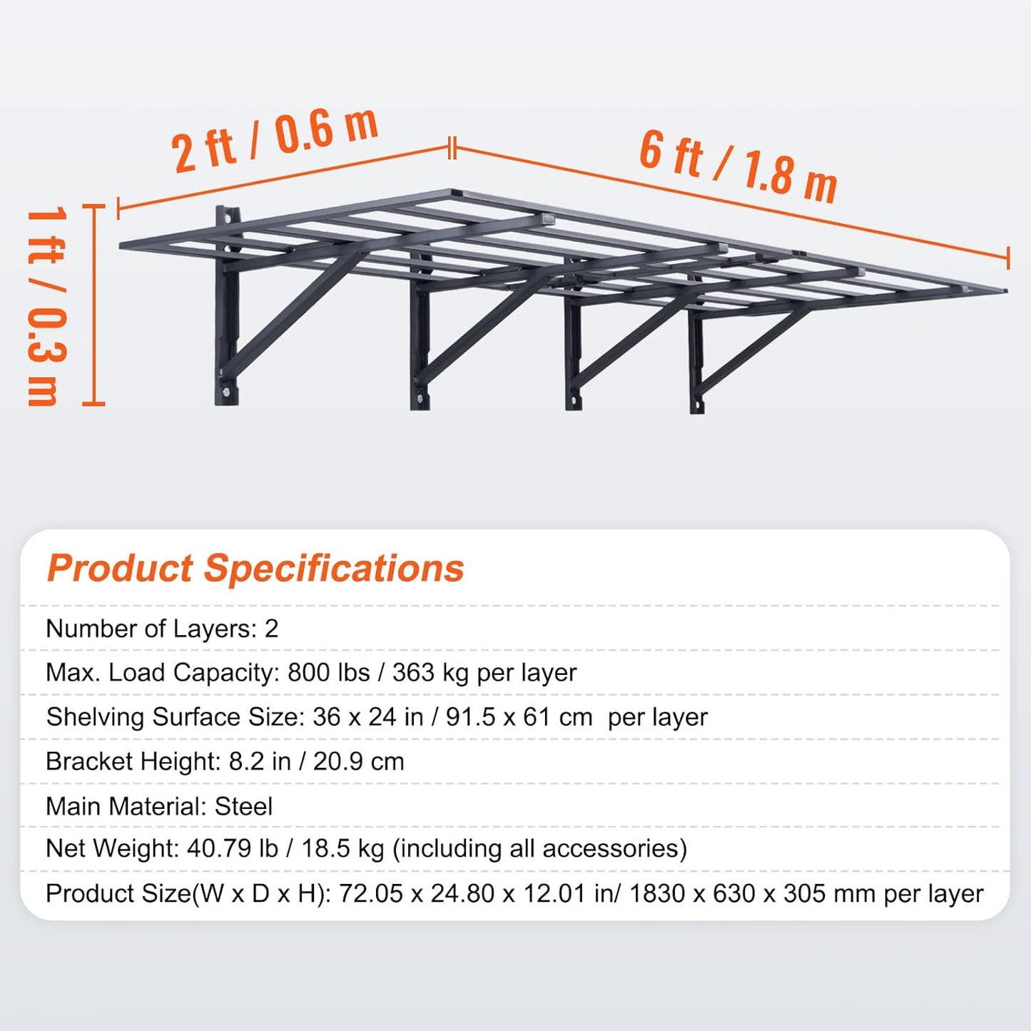 VEVOR Heavy-Duty Garage Shelving | Wall-Mounted Storage Rack | 2 x 6 Ft | 1600 Lbs Capacity | 2 Pack
