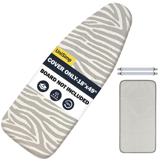 UniSimp Ironing Board Cover and Pad 18"x49" Extra Thick Natural Cotton, Scorch and Stain Resistant Padding, Extra Wide Iron Board Cover with Fasteners Heavy Duty Elastic Edge, Heatproof Zebra