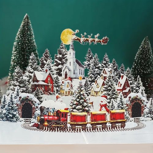3D Pop Up Card - Winter Night Town Snowman Design | Handmade Holiday Greeting Card