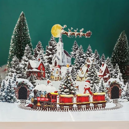 3D Pop Up Card - Winter Night Town Snowman Design | Handmade Holiday Greeting Card