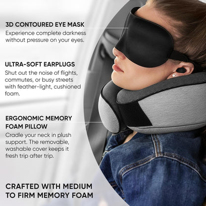Proglobe Travel Neck Pillows for Airplanes, Sleeping Essentials for Long haul Flights, 360° Head Support, Car and Airplane Kit with 3D Contoured Eye Mask, Earplugs and Luxury Mesh Bag (Adult, Grey)
