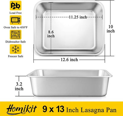 Homikit Lasagna Pan Set - 3 Inch Deep 9x13 Stainless Steel Baking Dish | Heavy-Duty Roasting Tray, Rustproof & Dishwasher Safe