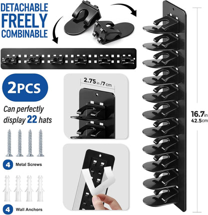 Skiennix Hat Hook Organizer - 2 Pack Baseball Cap Hanger with Strong Adhesive | Multilayer Storage for 20 Caps - Black