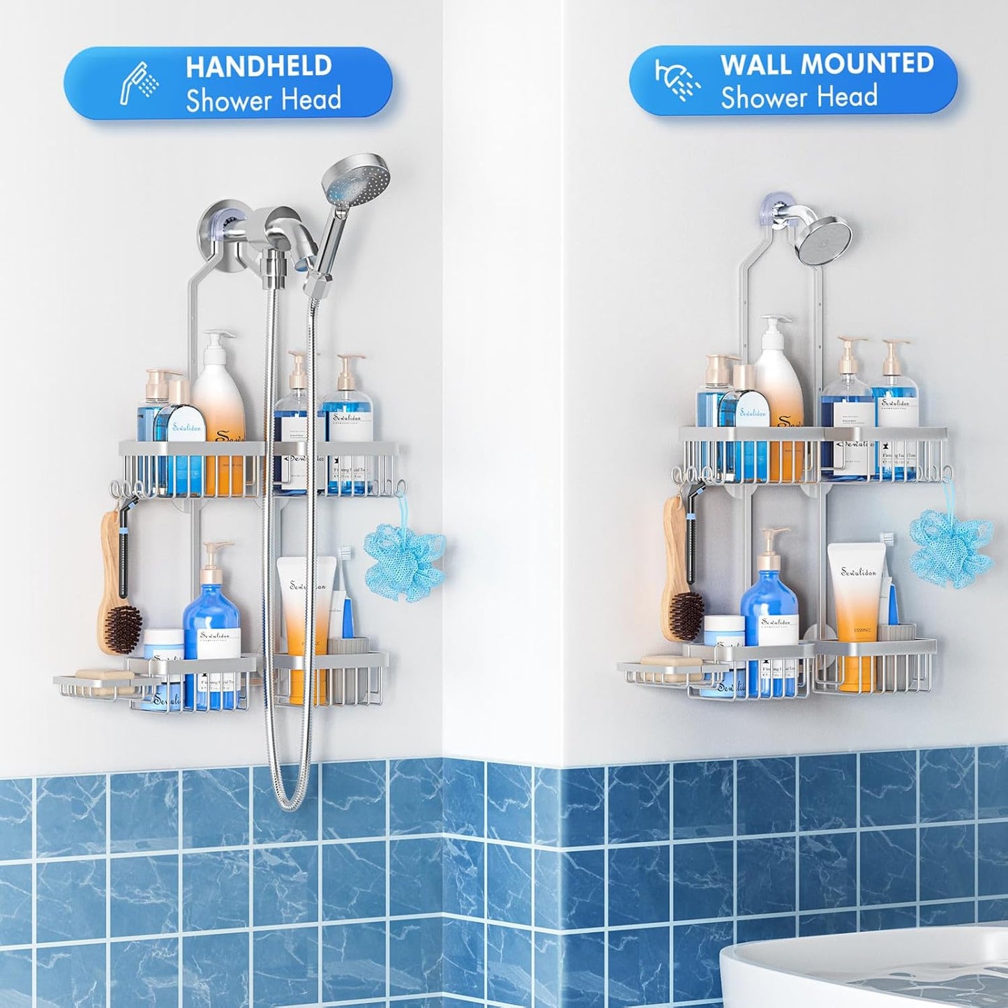 Sewulidon Aluminum Alloy Shower Caddy - Rustproof Handheld Shower Organizer | Height Adjustable 4 Levels with Hooks & Soap Holder