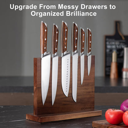 Magnetic Knife Block Acacia Wood -Double Sided Magnetic Knife Holder Rack for Kitchen Counter -Universal Knife Block Without Knives Wooden Multifunctional Storage Fully Assembled (12 x 10 inches)