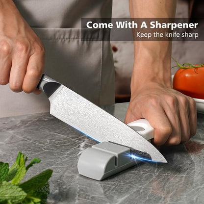 BULOFE 8 Inch Chef Knife, Kitchen Knife with Sharpener and Finger Guard, Professional Steel Sharp Chef's Knife Set with Ergonomic Handle, Gifts for Mom/Dad, Black