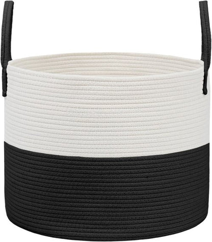 JMvicyroam 65L Extra Large Blanket Basket - Woven Cotton Rope Laundry Hamper with Handles | Machine Washable, White & Black