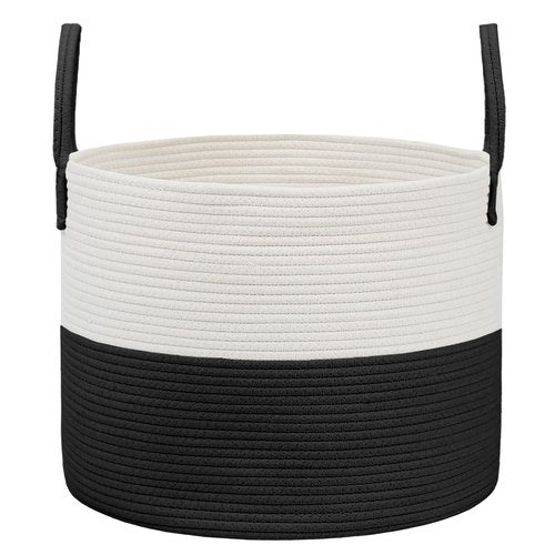JMvicyroam 65L Extra Large Blanket Basket for Living Room - Woven Cotton Rope Laundry Hamper with Reinforced Handles - Storage Bin for Pillows, Comforters & Toys - Machine Washable,White&Black