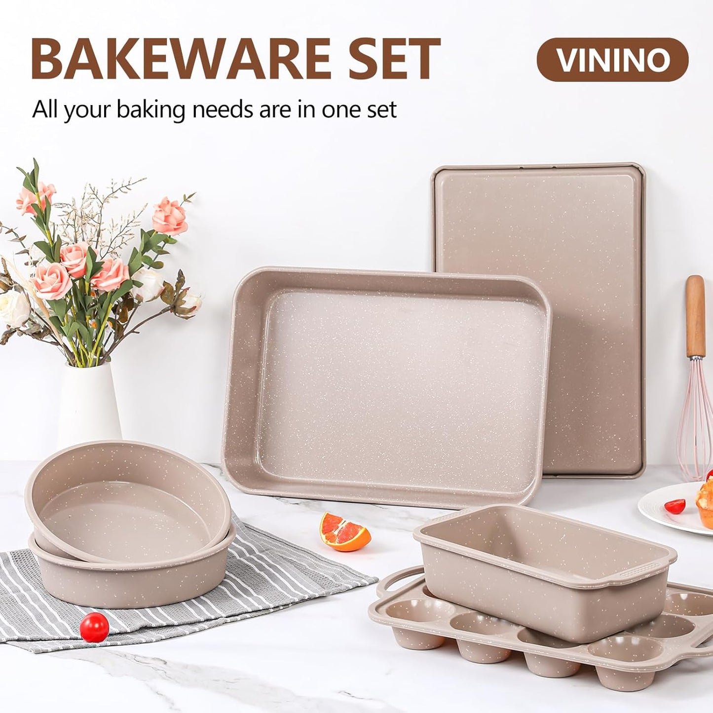 Vinino 6-Piece Nonstick Baking Pans Set - Includes Muffin, Loaf, Cake Pans & Roasting Pan
