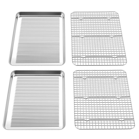 TeamFar Baking Sheet and Cooling Rack Set, 16 x 12 x 1 inch Stainless Steel Baking Pan Cookie Sheet with Grid Rack for Kitchen Cooking Roasting, Healthy & Non-toxic, Dishwasher Safe (2 Pans+2 Racks)