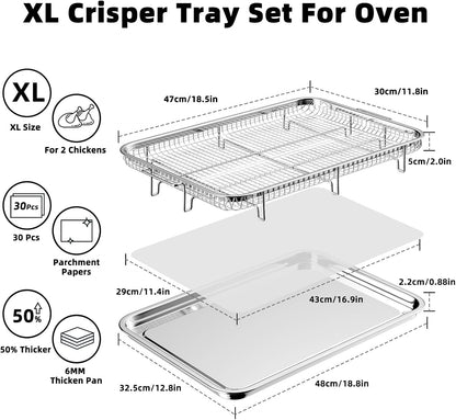 Air Fryer Basket - Extra Large 18.8" x 12.8" Stainless Steel Oven Tray Set with 30 Parchment Papers | Silver