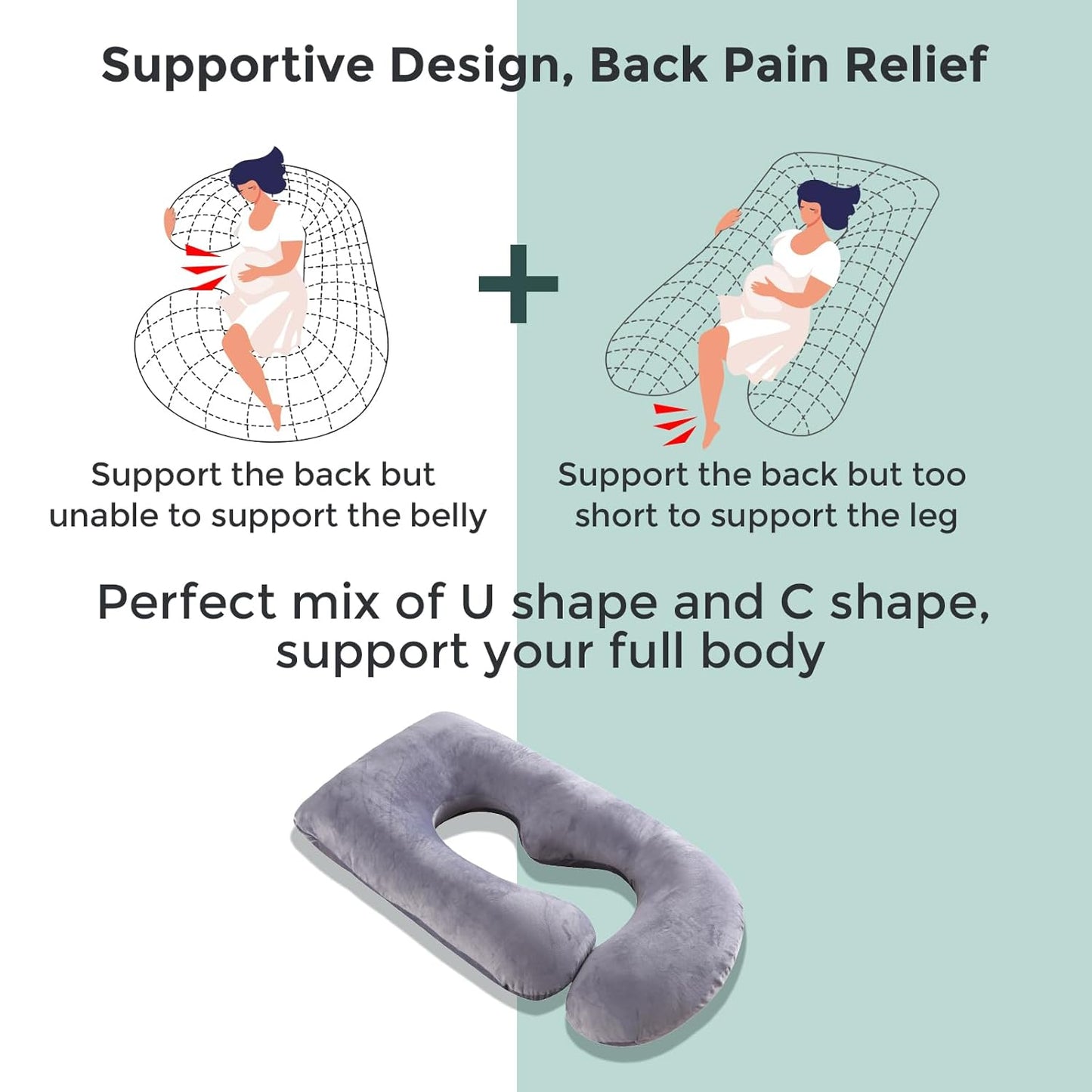 Momcozy U-Shaped Pregnancy Pillow - Full Body Support for Back, Legs & Belly | 57 Inch, Grey
